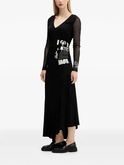 Desigual Sheer Sleeve Graphic Print Asymmetricdress In Black