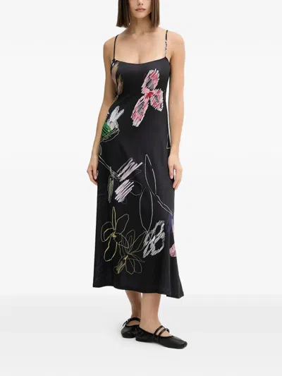 Desigual Floral Print Slip Midi Dress (set Of Two) In Black