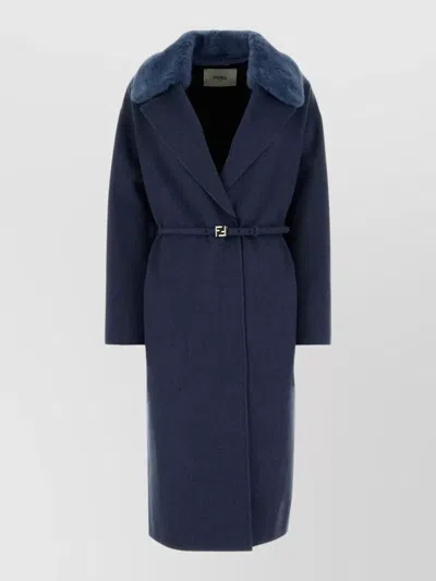 Fendi Stretch Cashmere Coat Belted Waist Fur Collar In Blue