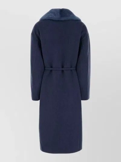Fendi Stretch Cashmere Coat Belted Waist Fur Collar In Blue