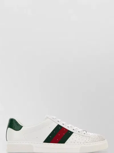 Gucci Leather Ace Sneakers Studded Heel Perforated Upper Rubber Sole In White