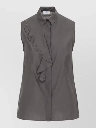 Peserico Silk Cotton Top Collared Neck Ruffle Sleeveless In Gray