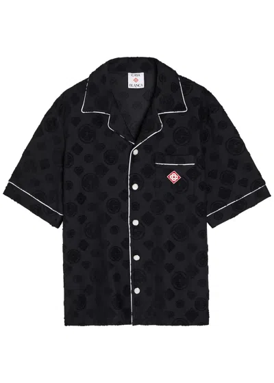 Casablanca Men Black Shirt With Classic Lapels And All-over Embossed Monogram In Cotton Man