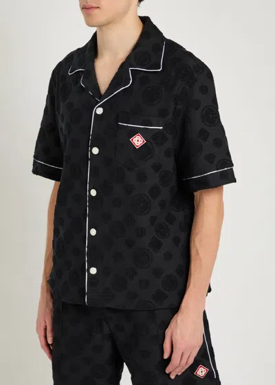 Casablanca Men Black Shirt With Classic Lapels And All-over Embossed Monogram In Cotton Man