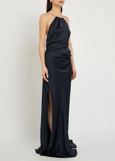 Victoria Beckham Draped Halterneck Satin-crepe Gown In Blue