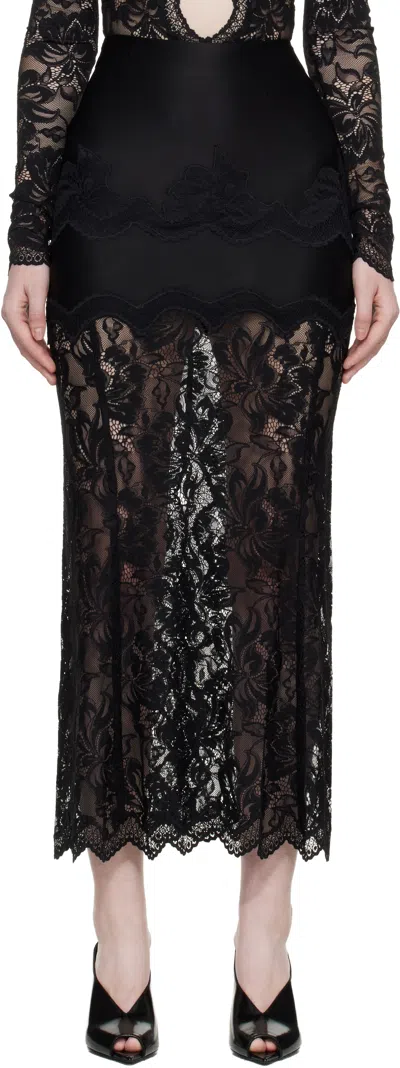Rabanne Lace-edged Midi Skirt With High Waist And Decorative Buttons In Black