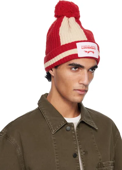Charles Jeffrey Loverboy Red & Off-white Pompom Beanie In Red