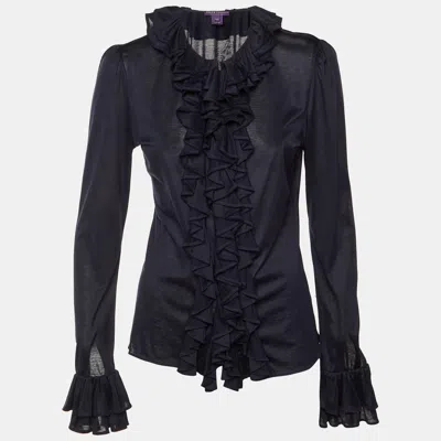 Pre-owned Ralph Lauren Navy Blue Cotton Frill Detail Sheer Blouse M