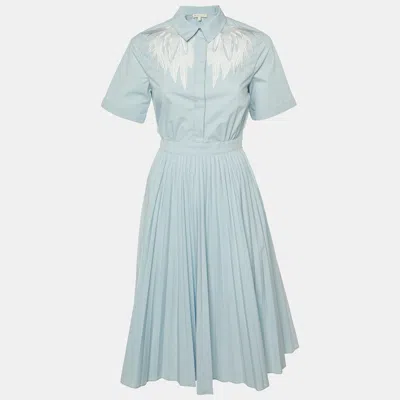 Pre-owned Maje Light Blue Embroidered Detail Cotton Blend Pleated River Dress S