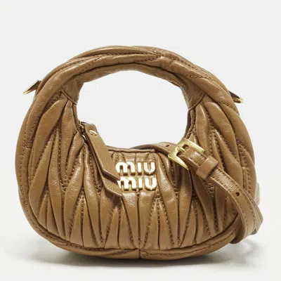 Pre-owned Miu Miu Wander Micro Brown Matelassé Leather Hobo