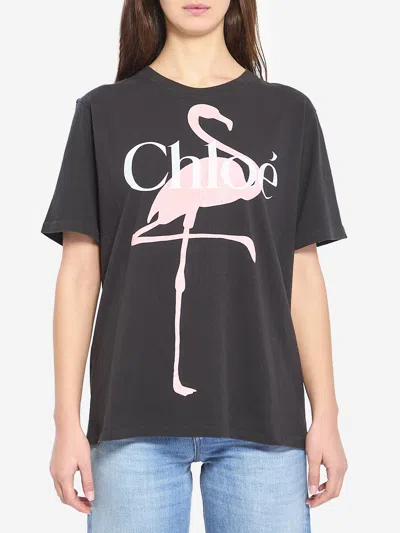 Chloé Women Black Crewneck T-shirt With Maxi Logo Print On The Front In Cotton Woman In Black