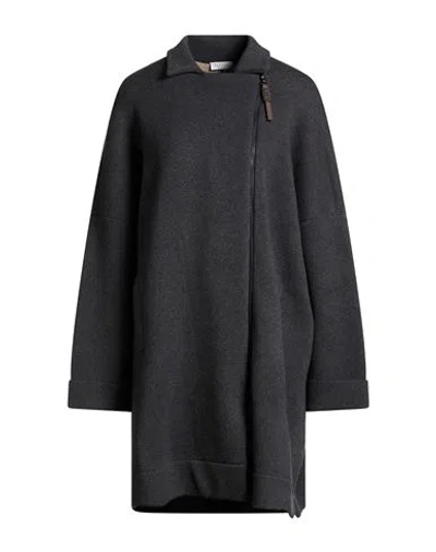 Brunello Cucinelli Cashmere Woman Cardigan Charcoal Size M Cashmere, Polyacrylic, Elastane, Leather In Black