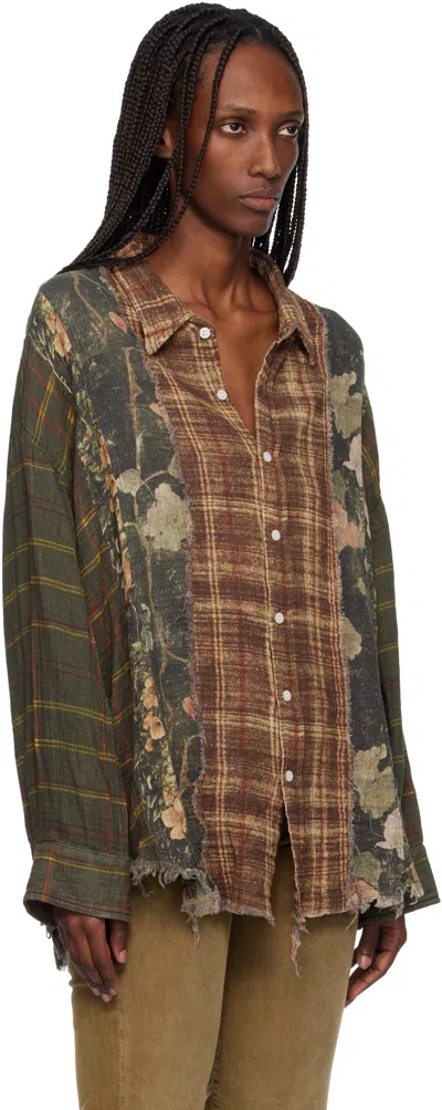 R13 Green & Brown Multi-strip Drop Neck Shirt