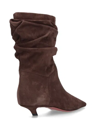 Amina Muaddi Pointed Toe Kitten Heel Slouchy Suede Boots In Brown