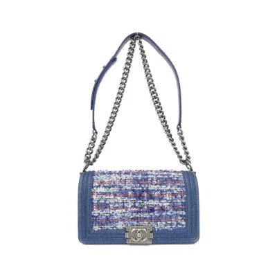 Pre-owned Chanel Blue Red Color White Denim Tweed Shoulder Bag ()