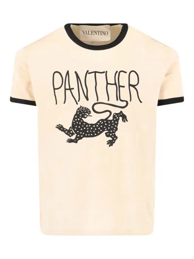 Valentino Garavani Butter-colored T-shirt With Panther Print In Neutral
