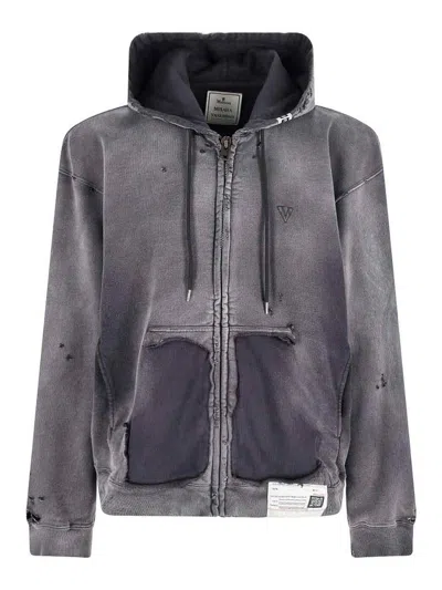 Miharayasuhiro Hooded Sweatshirt With Distressed Finish And Front Pockets In Gray