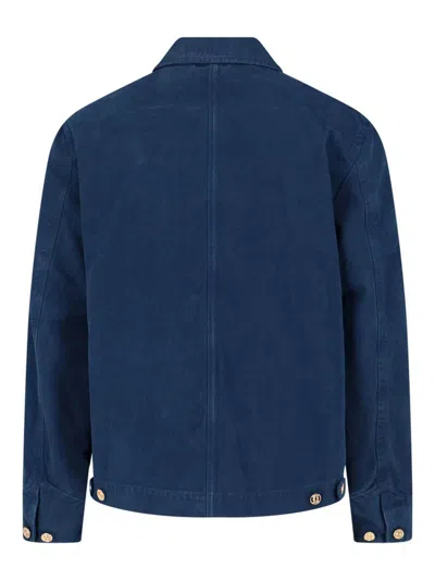 Versace Collared Jacket Front Pockets Gold Tone Hardware In Blue