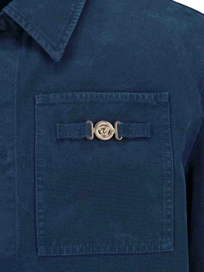 Versace Collared Jacket Front Pockets Gold Tone Hardware In Blue