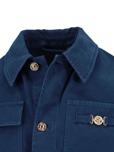 Versace Collared Jacket Front Pockets Gold Tone Hardware In Blue