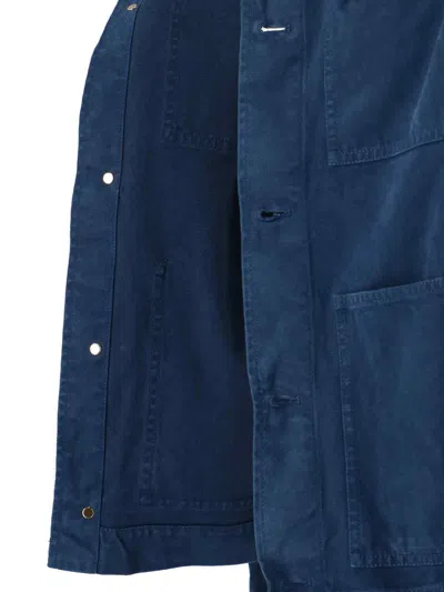 Versace Collared Jacket Front Pockets Gold Tone Hardware In Blue