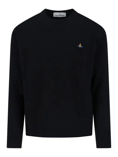 Vivienne Westwood Crewneck Sweater With Embroidered Emblem And Ribbed Details In Black