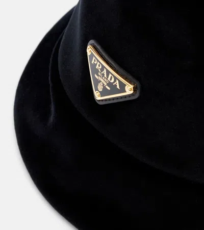 Prada Logo Cotton Velvet Bucket Hat In Black