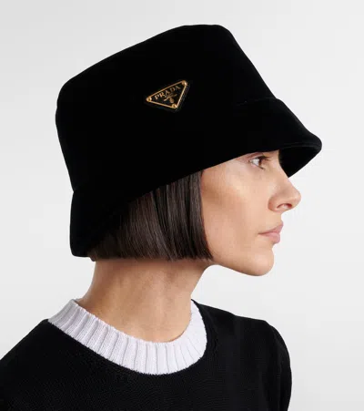 Prada Logo Cotton Velvet Bucket Hat In Black