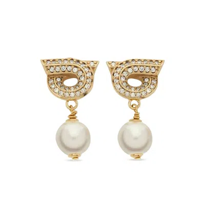 Ferragamo Crystal Embellished Gancini Pearl Drop Earrings In Gold
