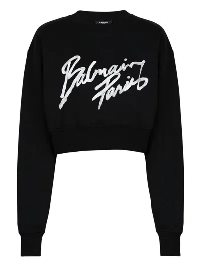 Balmain Cropped Printed Cotton Sweatshirt In Black