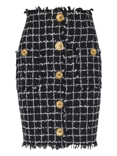 Balmain Tweed Midi Skirt High Waist Buttons In Black