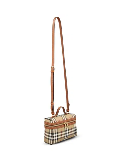 Burberry Women Beige Crossbody Bag With Adjutable And Removable Shoulder Strap And All-over Check Mo In Brown