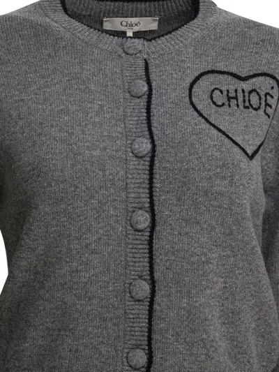 Chloé Wool And Cashmere Cardigan With Logo Knitwear Grey In Gray