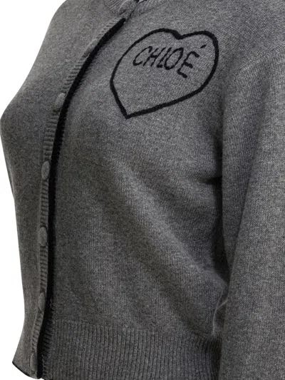 Chloé Wool And Cashmere Cardigan With Logo Knitwear Grey In Gray