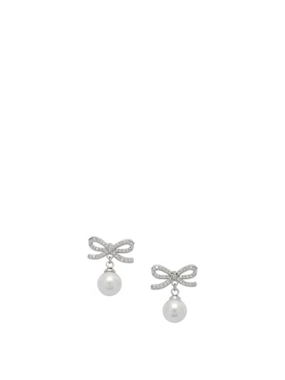 Self-portrait Earrings With Bow And Pearls In Metallic