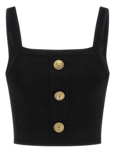 Balmain Cropped Sleeveless Top Gold Button Detail In Black