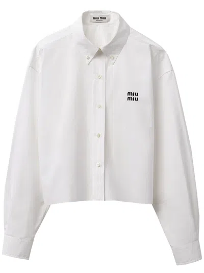 Miu Miu Cropped Long Sleeve Shirt With Point Collar In White