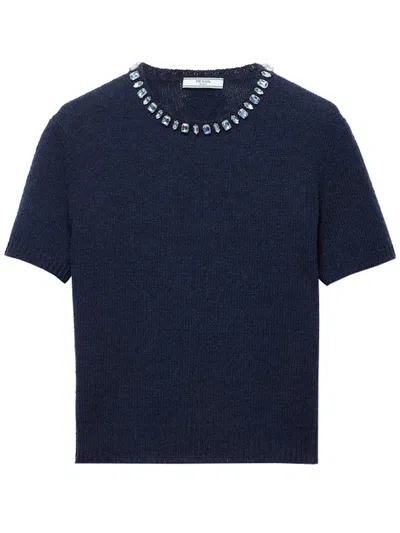 Prada Wool And Cashmere Crewneck Sweater With Jewel Details Clothing In Blue