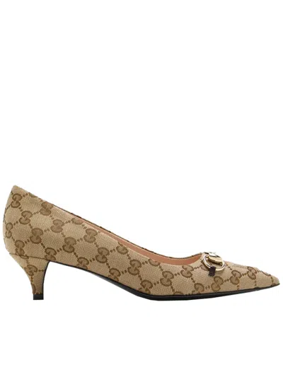 Gucci Women Beige And Dark Brown Gg Canvas Pumps With Horsebit In Brown