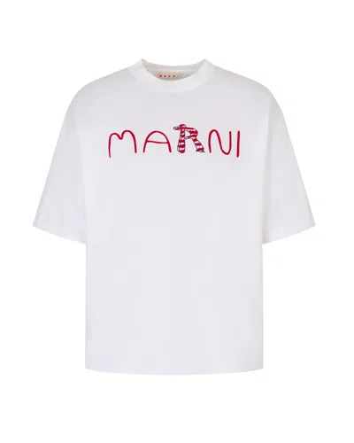 Marni Cotton T-shirt With Flocked Animal Alphabet Logo In White