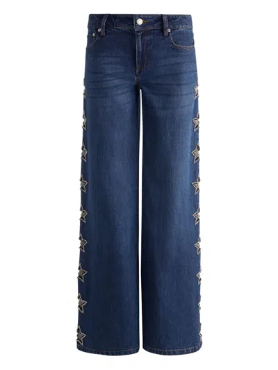 Alice And Olivia Amazing Low Rise Wide Leg Snap Trim Jeans In Cambria Vintage In Blue