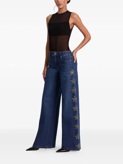 Alice And Olivia Amazing Low Rise Wide Leg Snap Trim Jeans In Cambria Vintage In Blue