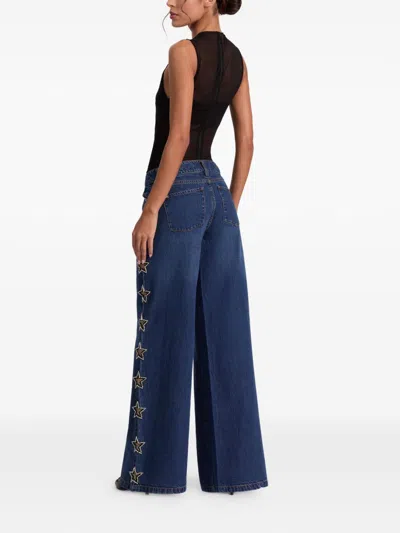 Alice And Olivia Amazing Low Rise Wide Leg Snap Trim Jeans In Cambria Vintage In Blue