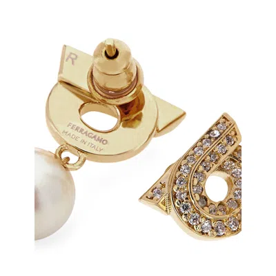 Ferragamo Crystal Embellished Gancini Pearl Drop Earrings In Gold