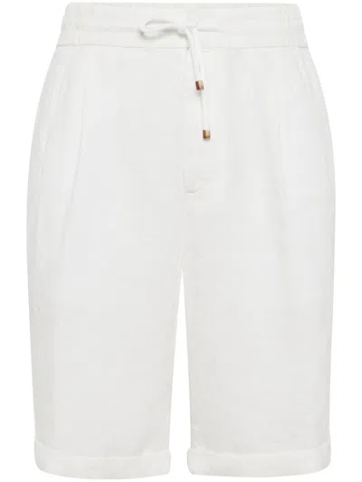 Brunello Cucinelli Garment Dyed Linen Gabardine Bermuda Shorts With Drawstring And Darts In White