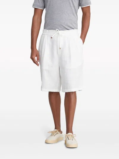 Brunello Cucinelli Garment Dyed Linen Gabardine Bermuda Shorts With Drawstring And Darts In White