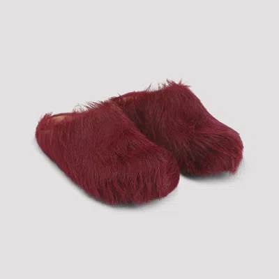 Marni Calf-hair Mules In Burgundy