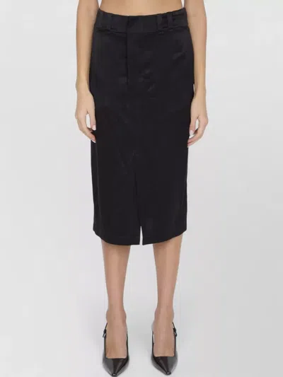 Saint Laurent Silk Midi Skirt High Waist Pockets Slit In Black