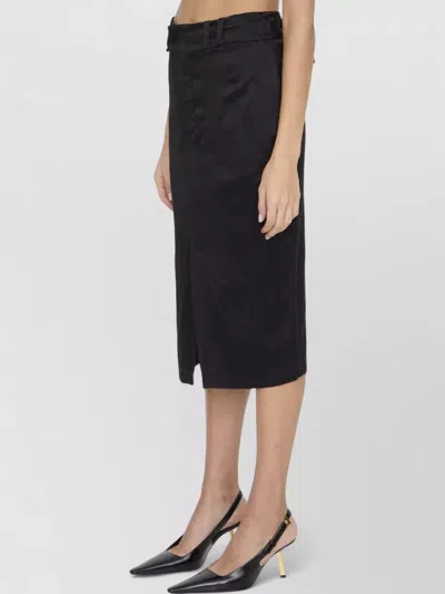 Saint Laurent Silk Midi Skirt High Waist Pockets Slit In Black