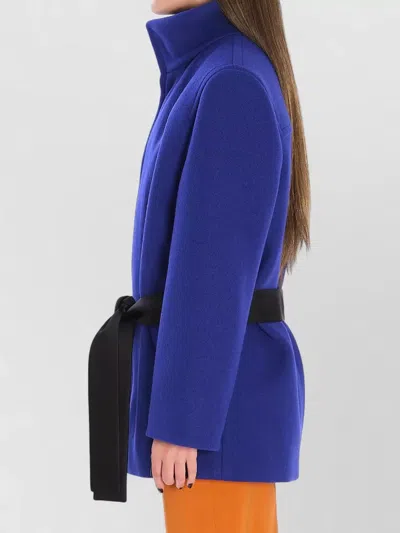 Saint Laurent Boxy Wool Coat Removable Silk Belt In Blue